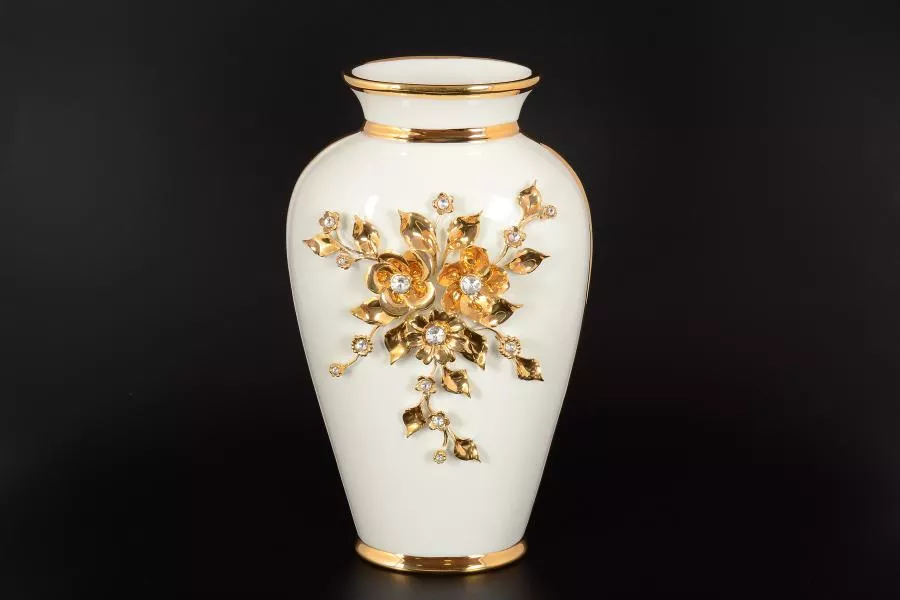 Фото Ваза для цветов Цветы с кристаллами с золотом  d-20, h-32 см