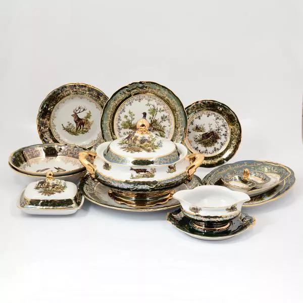 Фото Столовый сервиз на 6 персон 27 предметов Охота Зеленая Sterne porcelan