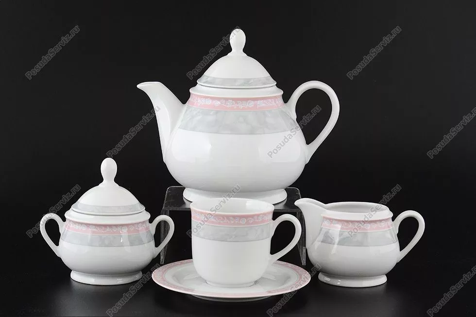 Фото Чайный сервиз на 6 персон Thun Яна серый мрамор с розовым кантом 17 предметов
