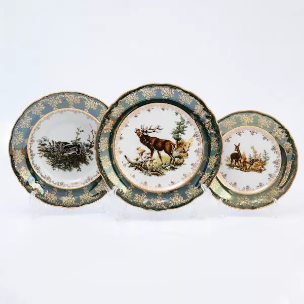 Фото Набор тарелок Queen's Crown Корона Охота зеленая 18 предметов