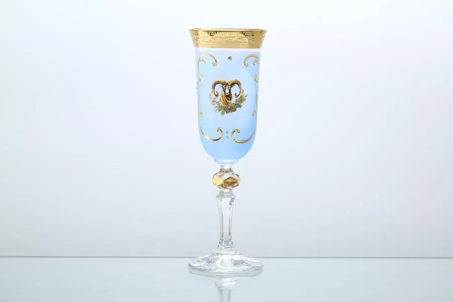 Фото Набор фужеров для шампанского синяя золотая кристина Bohemia Охота 160 мл(6 шт)